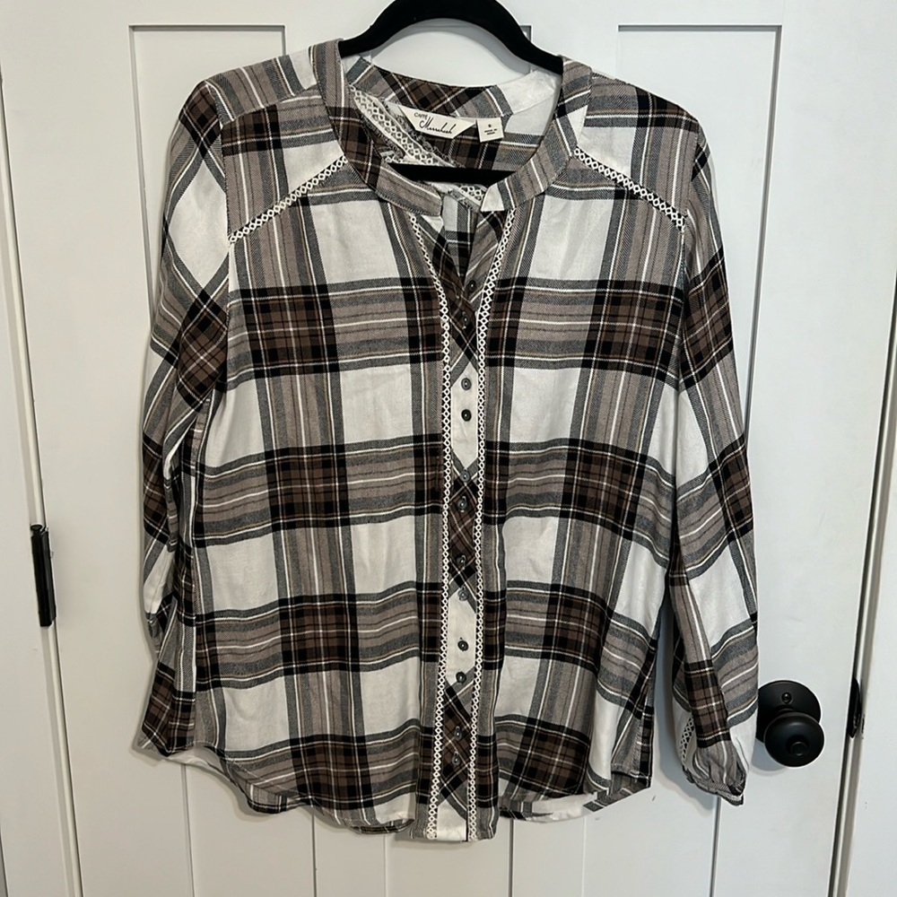 Caffe Marrakech Size S Blouse Long Sleeve Button Up Brown Plaid Eyelet Lace